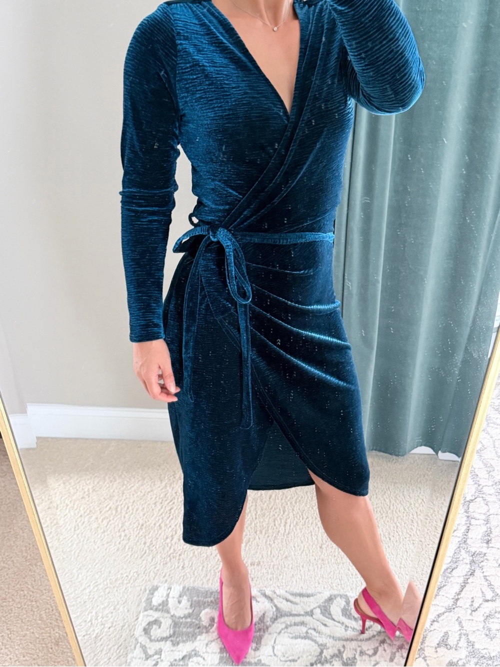 Velvet Wrap Midi Dress in Deep Teal - XS